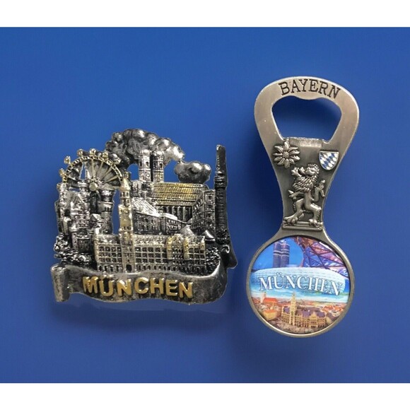 2 MUNCHEN Munich Germany 3-D Magnets - 1-Metal Bottle Opener 1-Resin City-scape - Picture 1 of 3